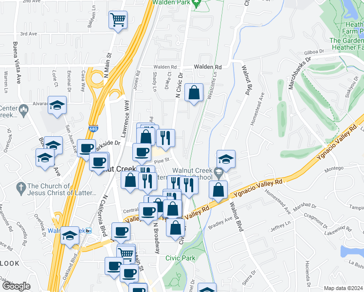 map of restaurants, bars, coffee shops, grocery stores, and more near 300 North Civic Drive in Walnut Creek