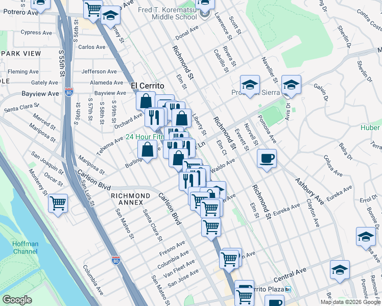 map of restaurants, bars, coffee shops, grocery stores, and more near 928 Kearney Street in El Cerrito