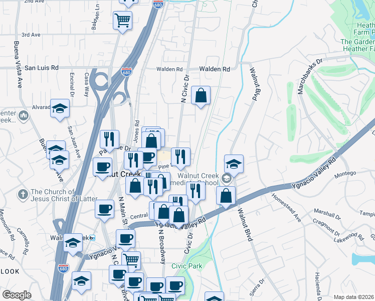 map of restaurants, bars, coffee shops, grocery stores, and more near 320 North Civic Drive in Walnut Creek