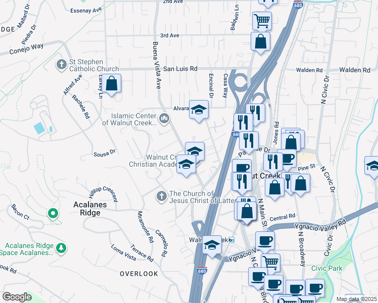 map of restaurants, bars, coffee shops, grocery stores, and more near 2366 Buena Vista Avenue in Walnut Creek