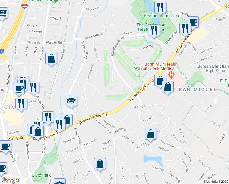 map of restaurants, bars, coffee shops, grocery stores, and more near 341 Masters Court in Walnut Creek