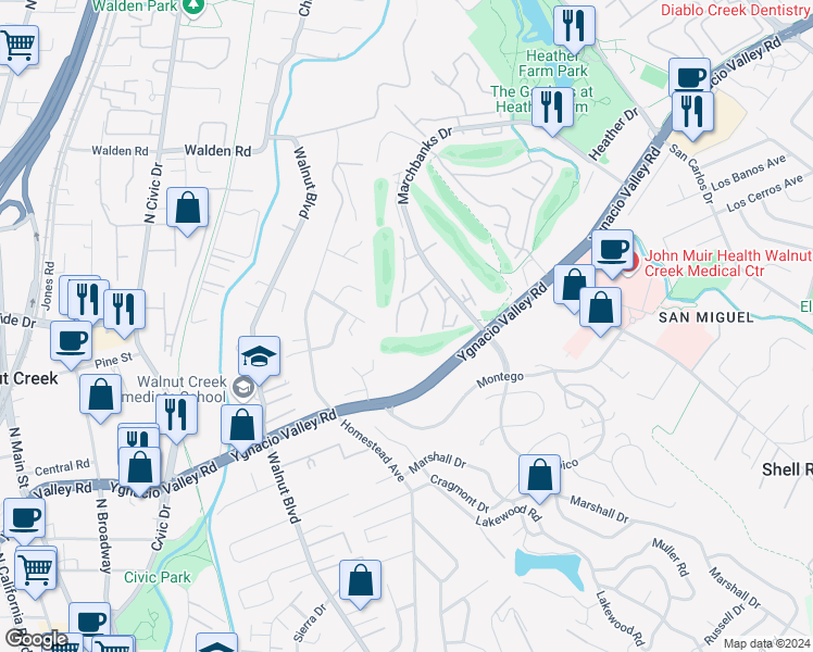 map of restaurants, bars, coffee shops, grocery stores, and more near 341 Masters Court in Walnut Creek