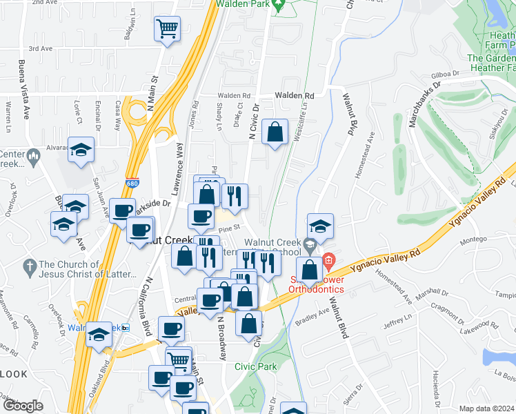 map of restaurants, bars, coffee shops, grocery stores, and more near in Walnut Creek