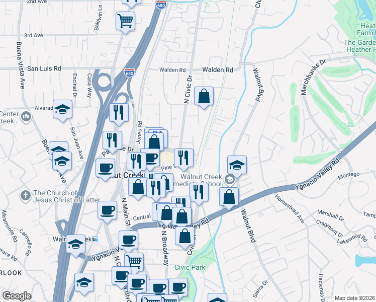 map of restaurants, bars, coffee shops, grocery stores, and more near in Walnut Creek