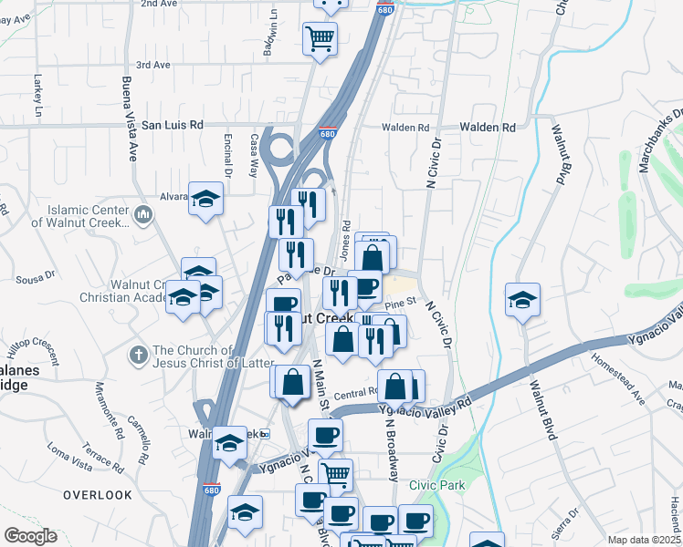 map of restaurants, bars, coffee shops, grocery stores, and more near Parkside Drive & Jones Road in Walnut Creek