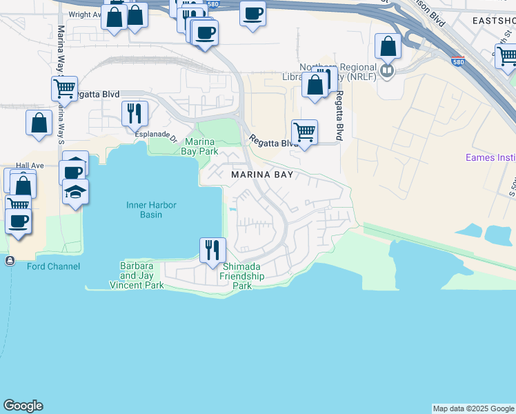 map of restaurants, bars, coffee shops, grocery stores, and more near 15 Shoreline Court in Richmond