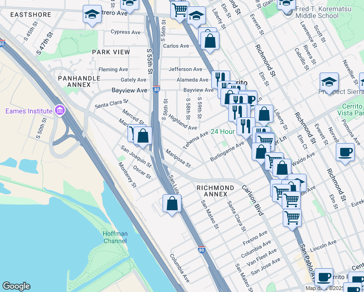 map of restaurants, bars, coffee shops, grocery stores, and more near 1564 Merced Street in Richmond