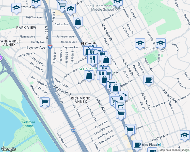 map of restaurants, bars, coffee shops, grocery stores, and more near 1700 San Benito Street in Richmond