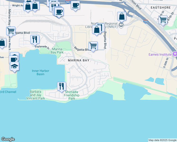 map of restaurants, bars, coffee shops, grocery stores, and more near 135 Marina Lakes Drive in Richmond