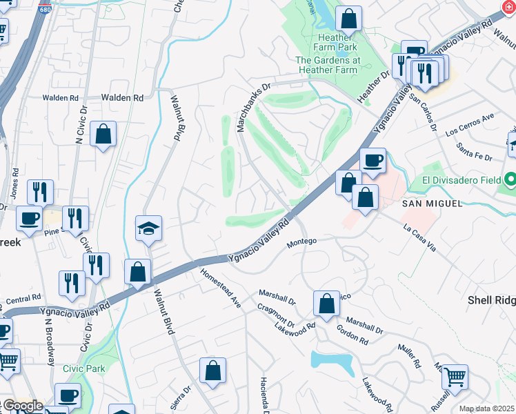 map of restaurants, bars, coffee shops, grocery stores, and more near 243 Masters Court in Walnut Creek