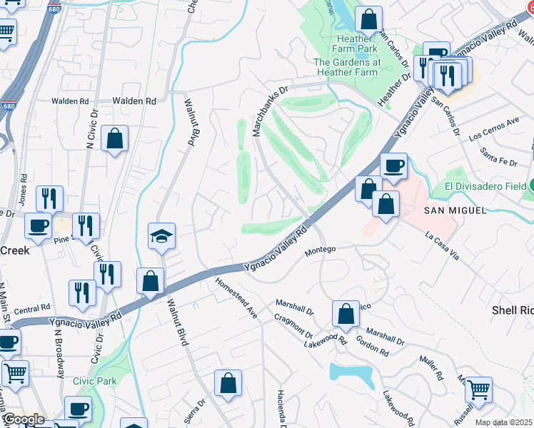 map of restaurants, bars, coffee shops, grocery stores, and more near 243 Masters Court in Walnut Creek