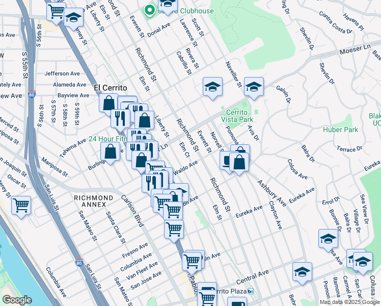 map of restaurants, bars, coffee shops, grocery stores, and more near 933 Richmond Street in El Cerrito
