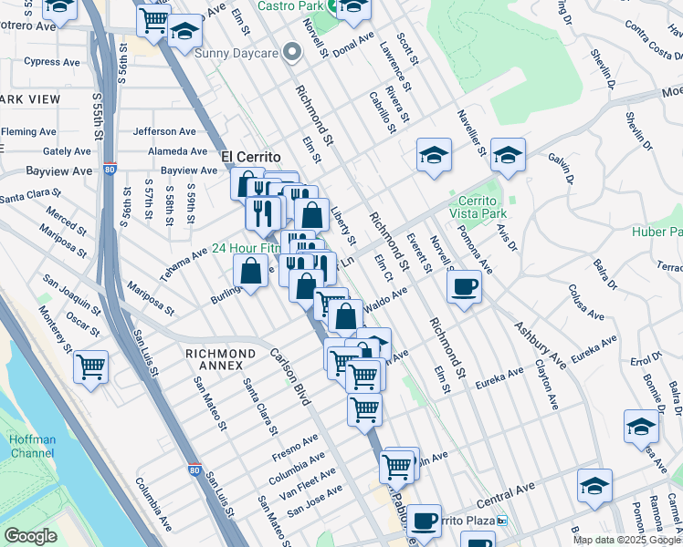 map of restaurants, bars, coffee shops, grocery stores, and more near 1007 Liberty Court in El Cerrito