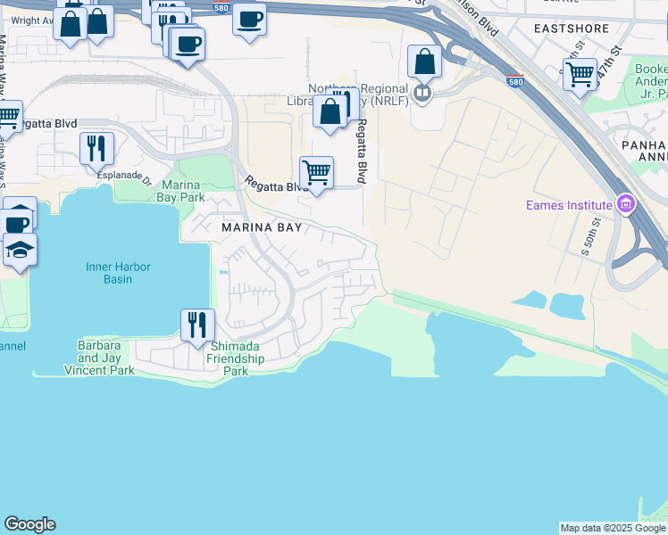 map of restaurants, bars, coffee shops, grocery stores, and more near 89 Bayside Court in Richmond