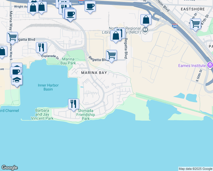 map of restaurants, bars, coffee shops, grocery stores, and more near 135 Marina Lakes Drive in Richmond