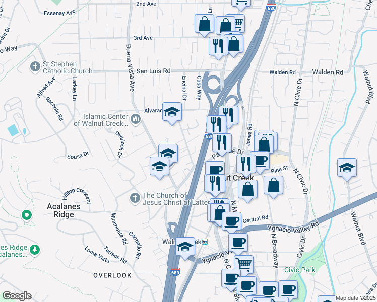 map of restaurants, bars, coffee shops, grocery stores, and more near 2355 San Juan Avenue in Walnut Creek