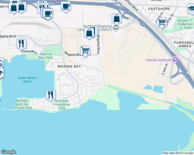 map of restaurants, bars, coffee shops, grocery stores, and more near 221 Bayside Court in Richmond