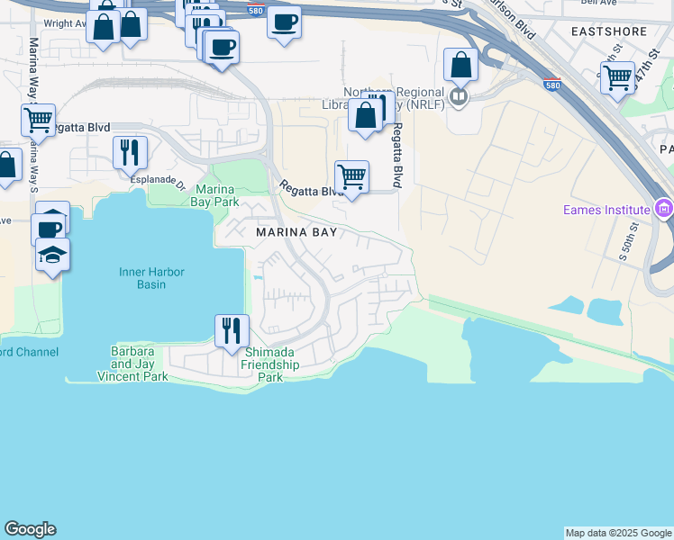 map of restaurants, bars, coffee shops, grocery stores, and more near 138 Marina Lakes Drive in Richmond