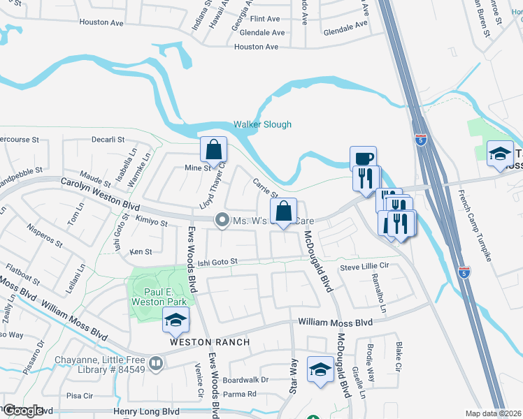 map of restaurants, bars, coffee shops, grocery stores, and more near 3350 General Mueller Lane in Stockton