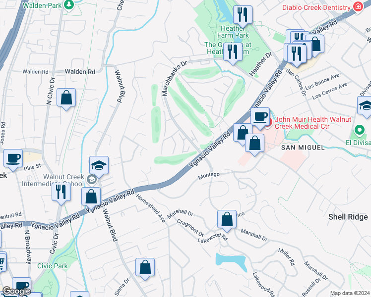map of restaurants, bars, coffee shops, grocery stores, and more near in Walnut Creek