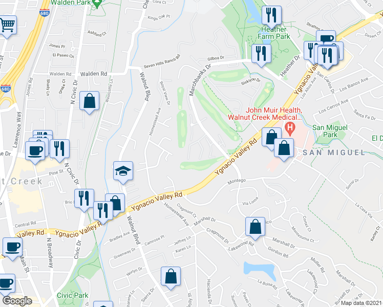 map of restaurants, bars, coffee shops, grocery stores, and more near 243 Masters Court in Walnut Creek