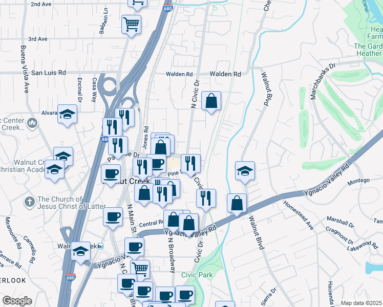 map of restaurants, bars, coffee shops, grocery stores, and more near 350 North Civic Drive in Walnut Creek