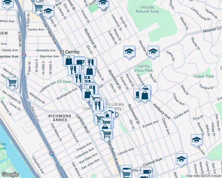 map of restaurants, bars, coffee shops, grocery stores, and more near 950 Liberty Street in El Cerrito