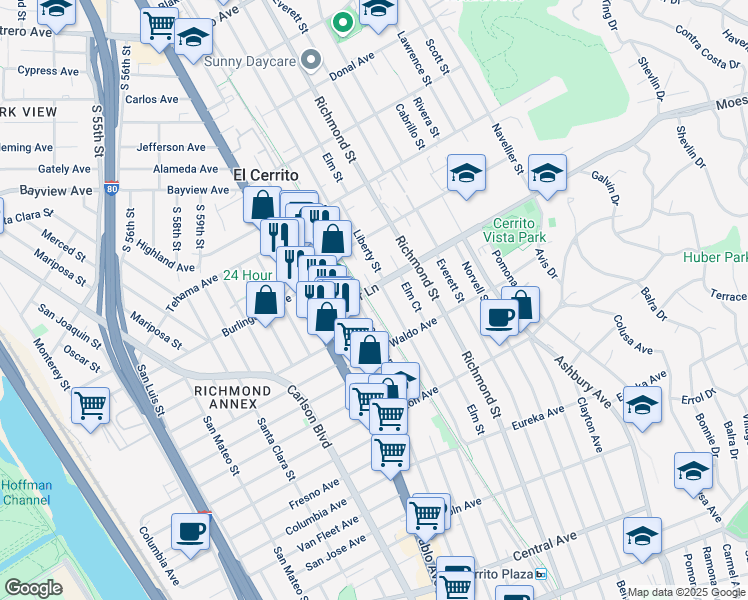 map of restaurants, bars, coffee shops, grocery stores, and more near 950 Liberty Street in El Cerrito