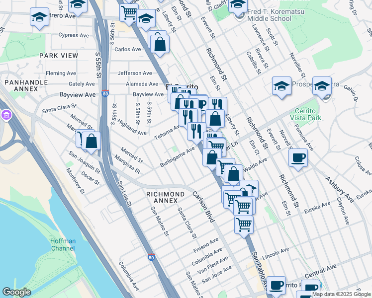 map of restaurants, bars, coffee shops, grocery stores, and more near 1670 San Benito Street in Richmond
