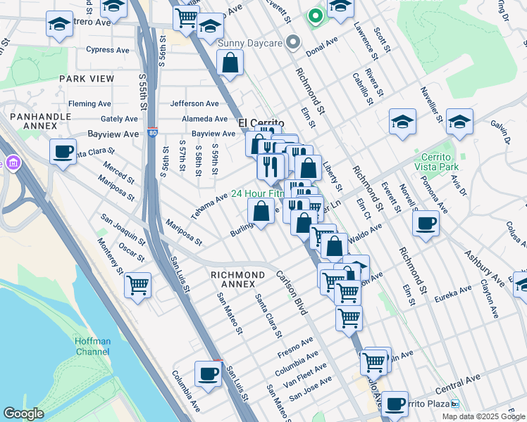 map of restaurants, bars, coffee shops, grocery stores, and more near 1670 San Benito Street in Richmond