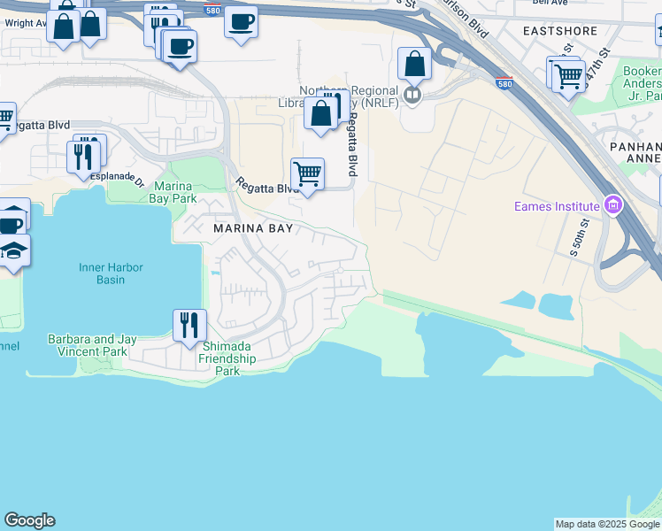 map of restaurants, bars, coffee shops, grocery stores, and more near 89 Bayside Court in Richmond