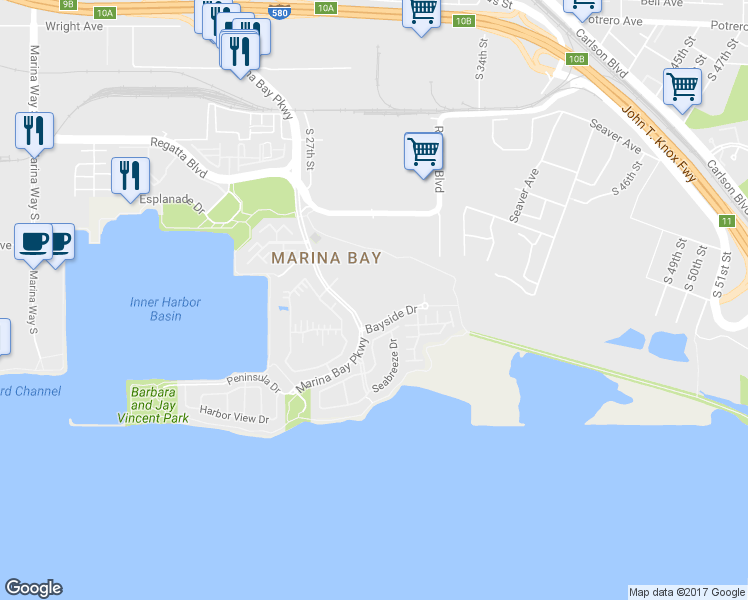 map of restaurants, bars, coffee shops, grocery stores, and more near 177 Marina Lakes Drive in Richmond