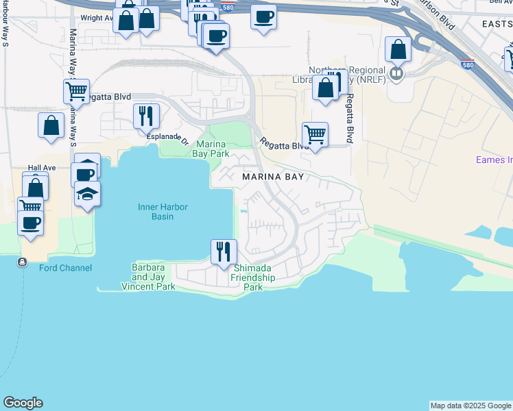 map of restaurants, bars, coffee shops, grocery stores, and more near 191 Shoreline Court in Richmond