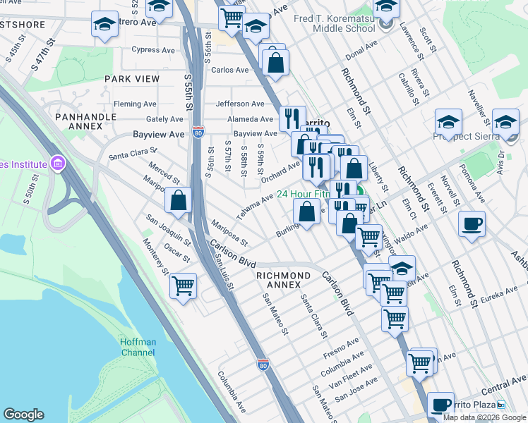 map of restaurants, bars, coffee shops, grocery stores, and more near 1623 Butte Street in Richmond