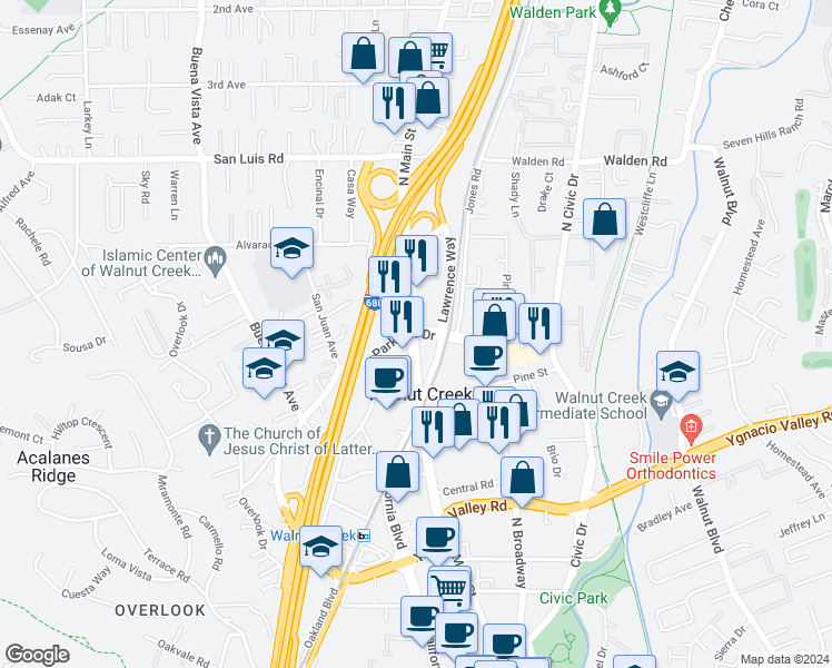 map of restaurants, bars, coffee shops, grocery stores, and more near N Main St & Parkside Dr in Walnut Creek