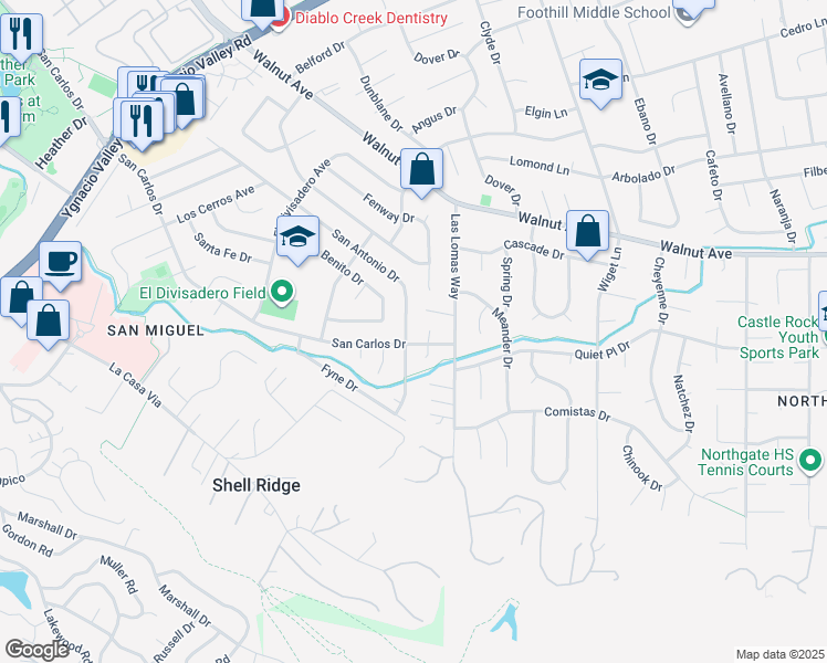 map of restaurants, bars, coffee shops, grocery stores, and more near 2892 San Antonio Drive in Walnut Creek