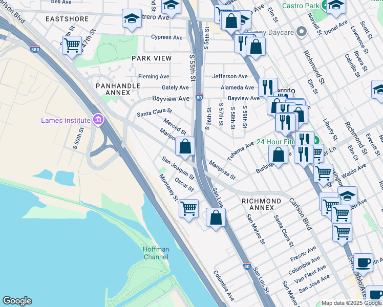 map of restaurants, bars, coffee shops, grocery stores, and more near 1520 South 55th Street in Richmond
