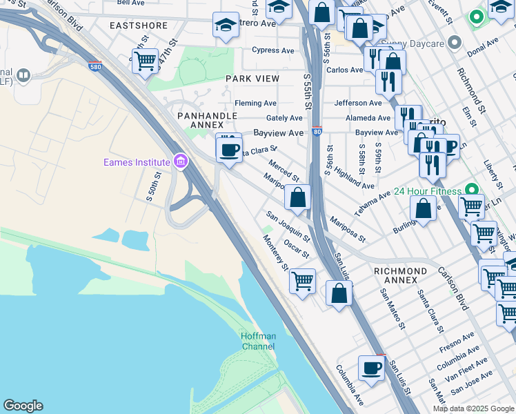 map of restaurants, bars, coffee shops, grocery stores, and more near 5425 Carl Avenue in Richmond