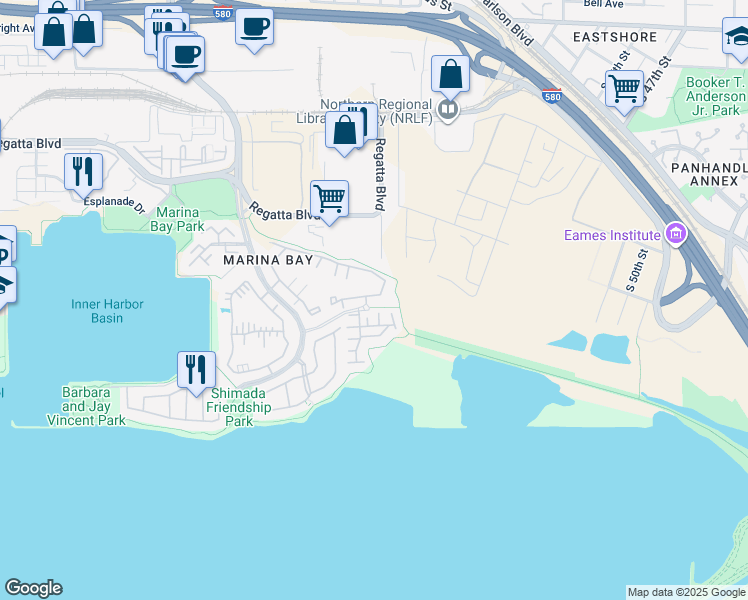 map of restaurants, bars, coffee shops, grocery stores, and more near 221 Bayside Court in Richmond