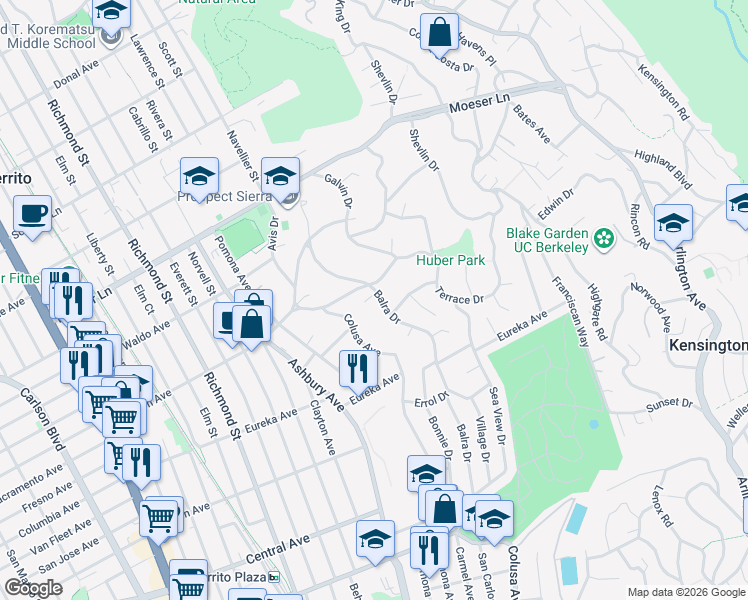 map of restaurants, bars, coffee shops, grocery stores, and more near 779 Balra Drive in El Cerrito