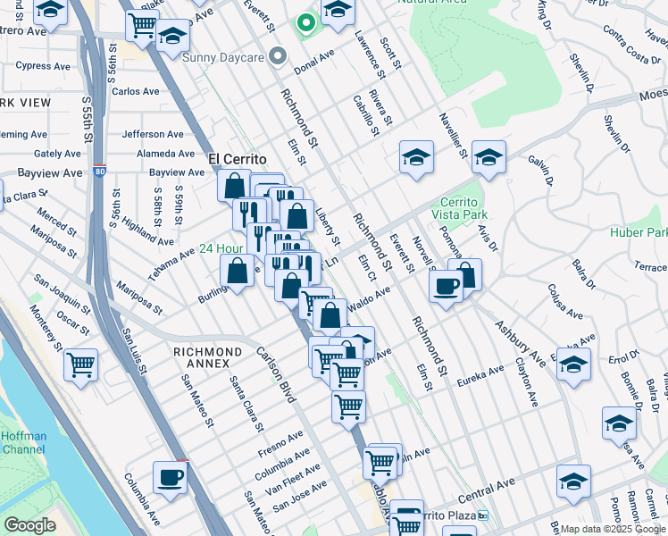 map of restaurants, bars, coffee shops, grocery stores, and more near 6522 Moeser Lane in El Cerrito