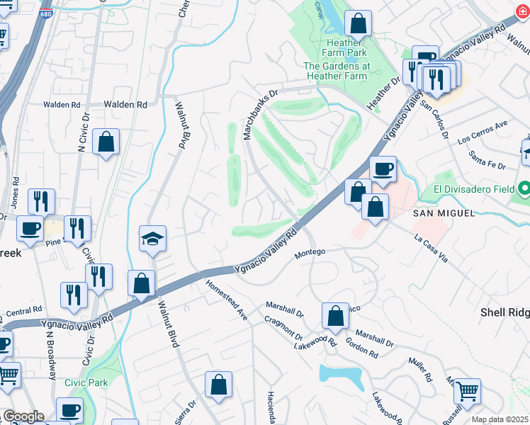 map of restaurants, bars, coffee shops, grocery stores, and more near 243 Masters Court in Walnut Creek