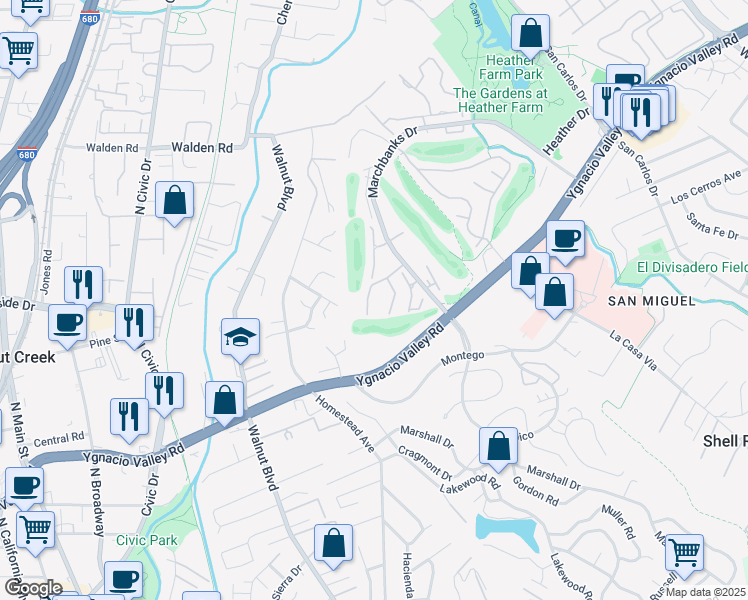 map of restaurants, bars, coffee shops, grocery stores, and more near 243 Masters Court in Walnut Creek