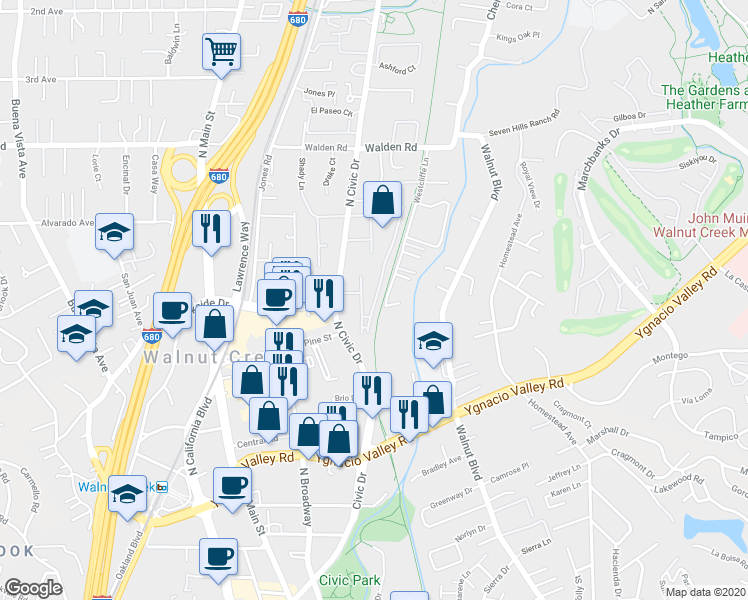 map of restaurants, bars, coffee shops, grocery stores, and more near 2310 Westcliffe Lane in Walnut Creek