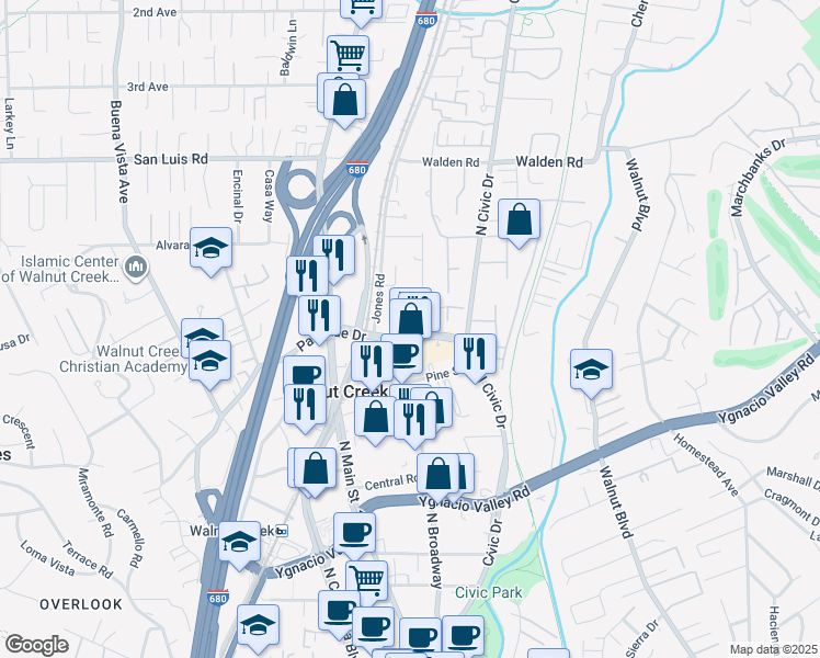 map of restaurants, bars, coffee shops, grocery stores, and more near 589 Pimlico Court in Walnut Creek
