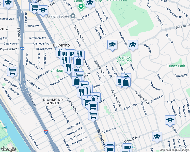 map of restaurants, bars, coffee shops, grocery stores, and more near 950 Liberty Street in El Cerrito