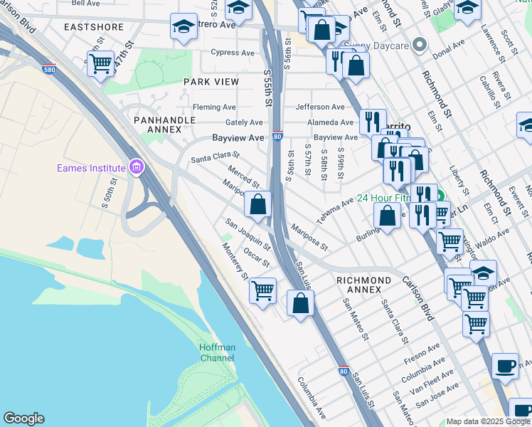 map of restaurants, bars, coffee shops, grocery stores, and more near 1425 South 55th Street in Richmond