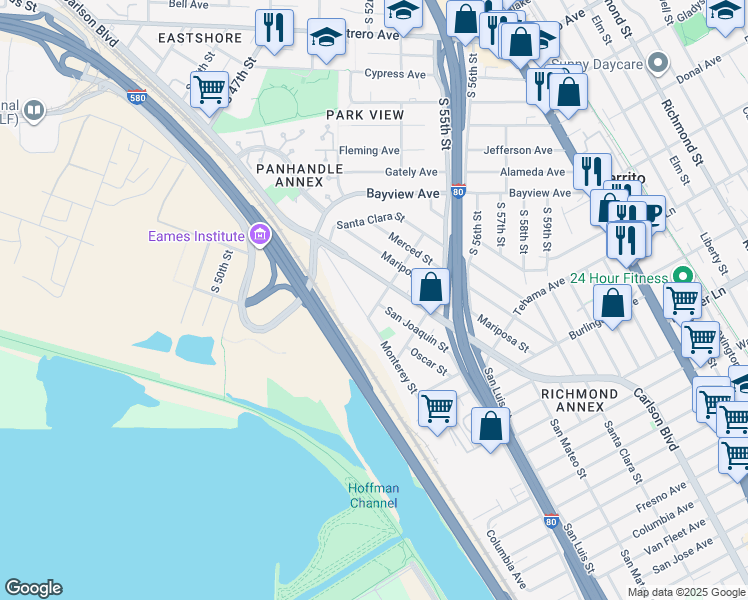 map of restaurants, bars, coffee shops, grocery stores, and more near 5425 Carl Avenue in Richmond