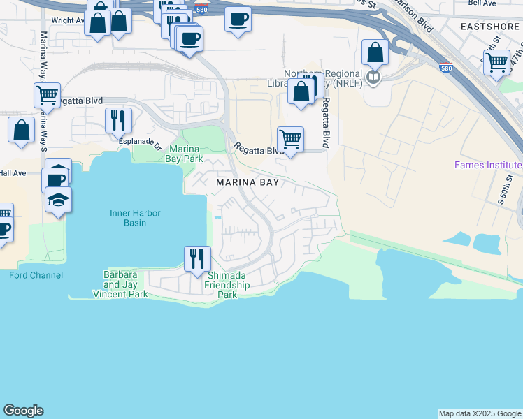 map of restaurants, bars, coffee shops, grocery stores, and more near 248 Marina Lakes Drive in Richmond