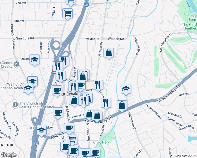 map of restaurants, bars, coffee shops, grocery stores, and more near 350 North Civic Drive in Walnut Creek